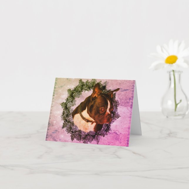 Boston Terrier Dog Art Customisable Note Card (Small Plant)