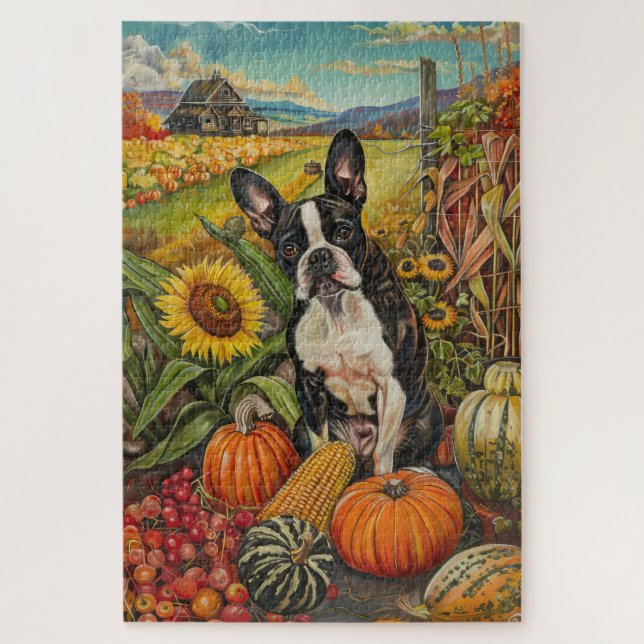 Boston Terrier Dog Autumn Harvest Thanksgiving Jigsaw Puzzle (Vertical)