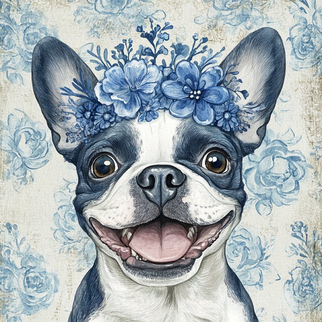 Boston Terrier Dog Blue Floral Tote Bag (Creator Uploaded)