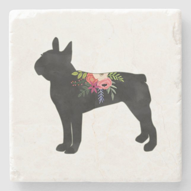 Boston Terrier Dog Breed Boho Floral Silhouette Stone Coaster (Front)