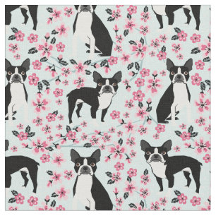 Boston Terrier dog cherry blossoms light blue Fabric