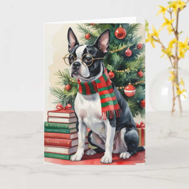 Boston Terrier Dog Christmas Greeting Card (Yellow Flower)