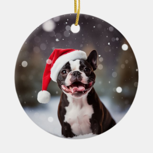 Boston Terrier Dog Christmas Keepsake Ceramic Tree Decoration (Front)
