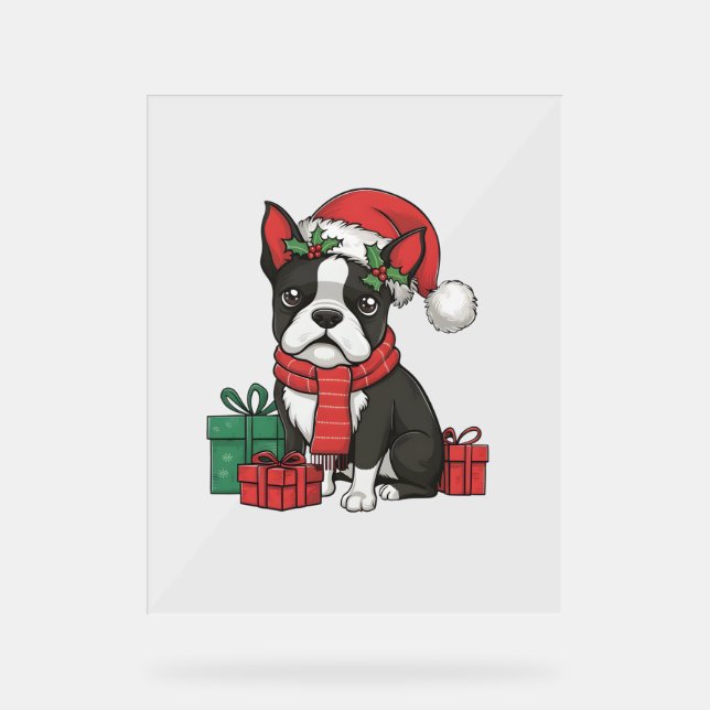 Boston Terrier Dog Christmas Parties Holiday Santa Acrylic Sign (Front)