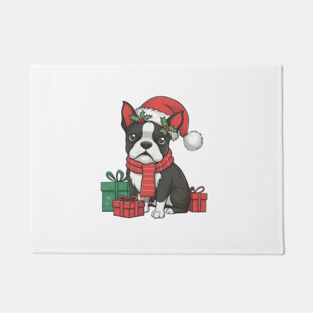 Boston Terrier Dog Christmas Parties Holiday Santa Doormat (Front)