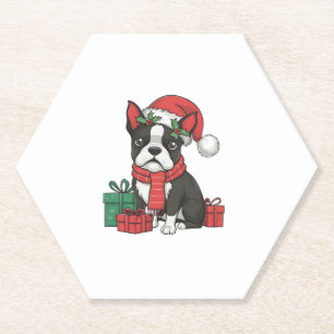 Boston Terrier Dog Christmas Parties Holiday Santa Paper Coaster