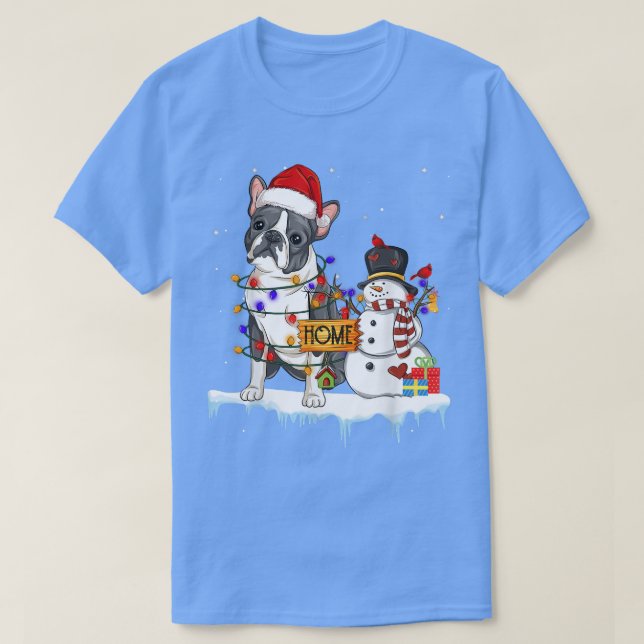 boston terrier Dog Christmas Snowman Xmas Lights P T-Shirt (Design Front)