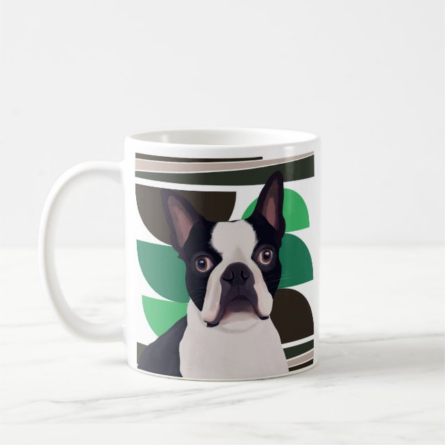Boston Terrier Dog – Dark Green Geometric Coffee Mug (Left)