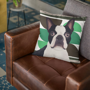 Boston Terrier Dog – Dark Green Geometric Cushion