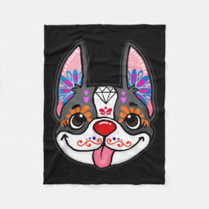 Boston Terrier Dog Day Of The Dead Sugar Skull Dog Fleece Blanket