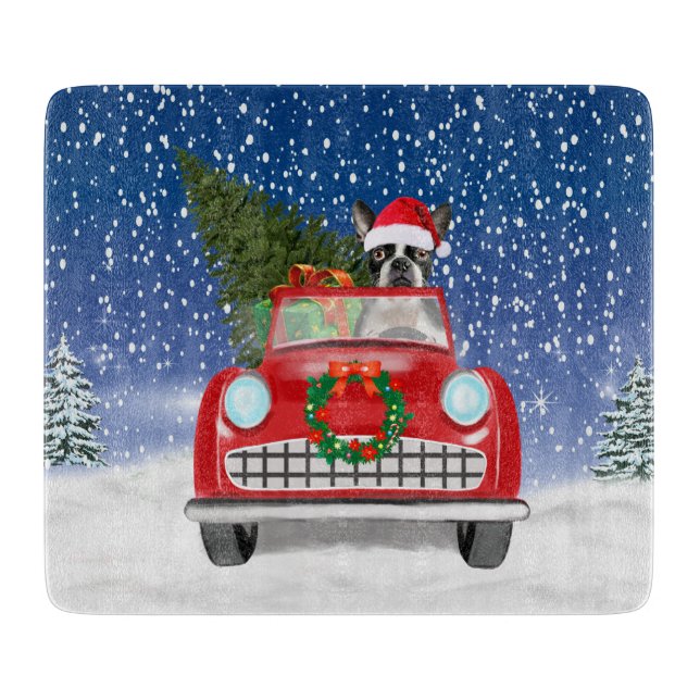 Boston terrier Dog Driving Car In Snow Christmas  Cutting Board (Front)