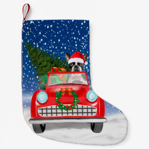 Boston terrier Dog Driving Car In Snow Christmas Small Christmas Stocking