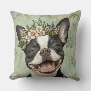 Boston Terrier Dog Green Floral  Cushion