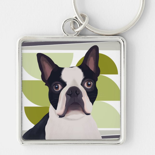 Boston Terrier Dog – Green Geometric Key Ring (Front)