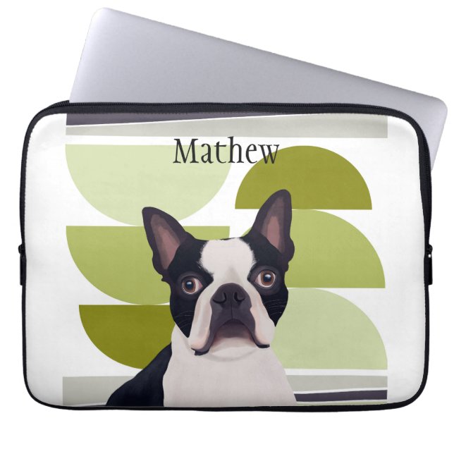 Boston Terrier Dog – Green Geometric Laptop Sleeve (Front)