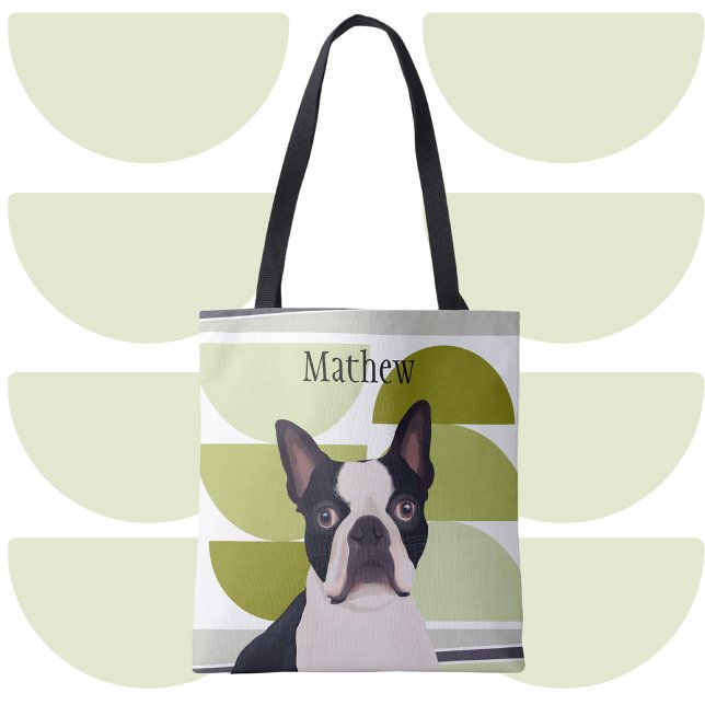 Boston Terrier Dog – Green Geometric Tote Bag (Creator Uploaded)