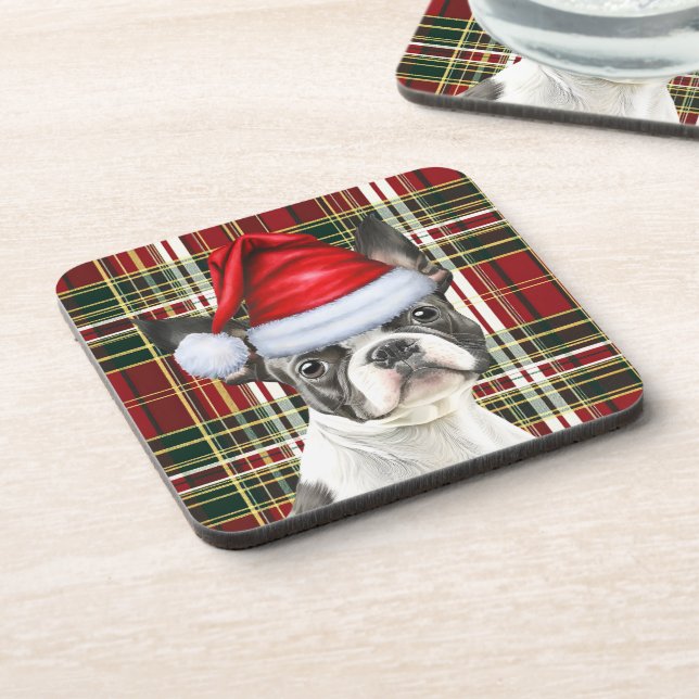 Boston Terrier Dog Green Red Holiday Plaid Coaster (Left Side)