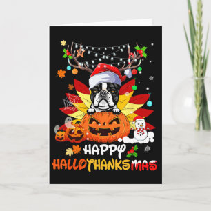 Boston Terrier Dog Halloween And Merry Christmas Card