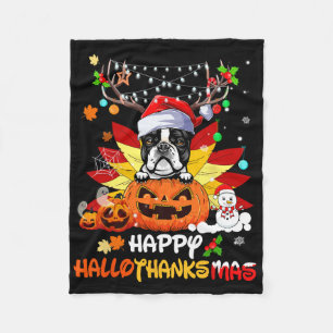 Boston Terrier Dog Halloween And Merry Christmas Fleece Blanket