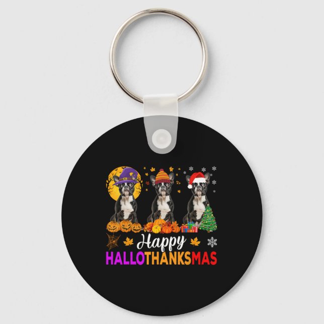 Boston Terrier Dog Halloween Christmas Hallothanks Key Ring (Front)