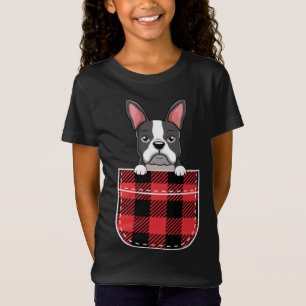 Boston Terrier Dog In Buffalo Plaid Pocket Print C T-Shirt