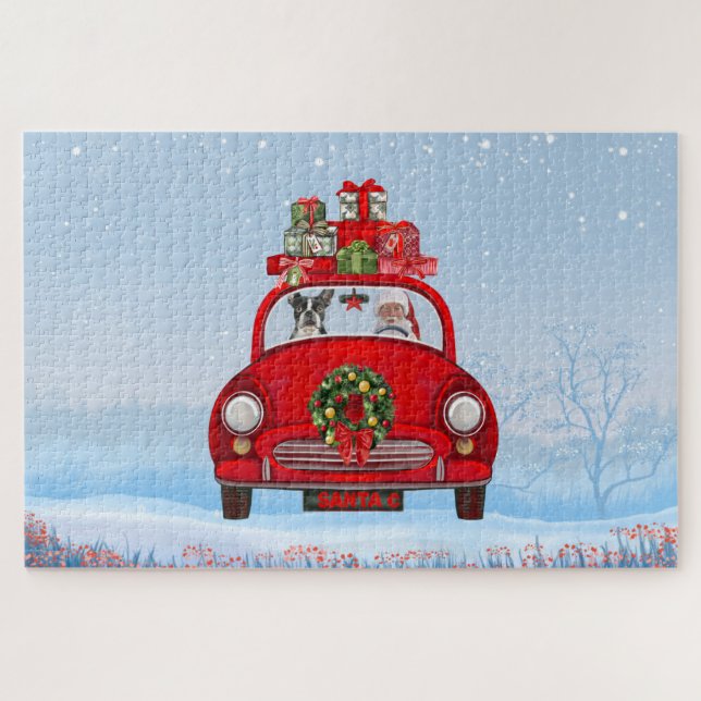 Boston Terrier Dog In Car With Santa Claus  Jigsaw Puzzle (Horizontal)