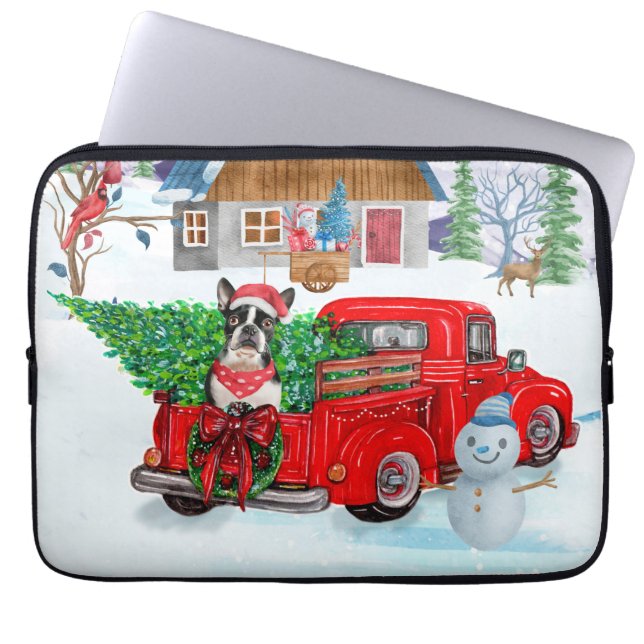 Boston Terrier dog In Christmas Delivery Truck Laptop Sleeve (Front)