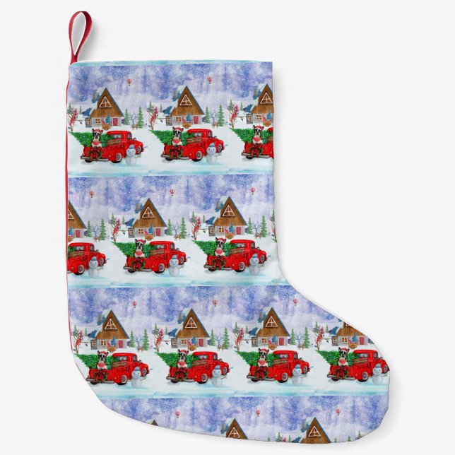 Boston Terrier dog In Christmas Delivery Truck Small Christmas Stocking (Front)
