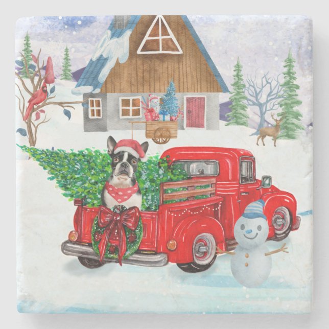 Boston Terrier dog In Christmas Delivery Truck Stone Coaster (Front)