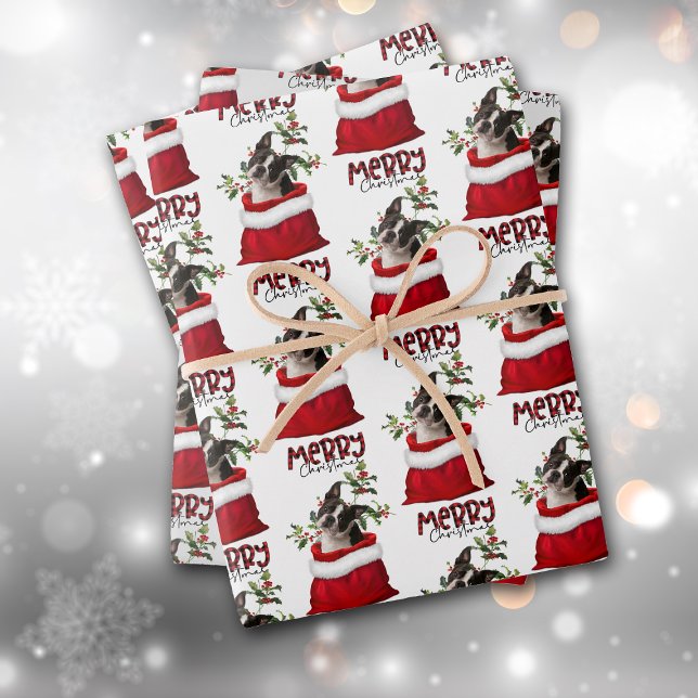 Boston Terrier Dog in Holiday Gift Bag Wrapping Paper Sheet (Creator Uploaded)