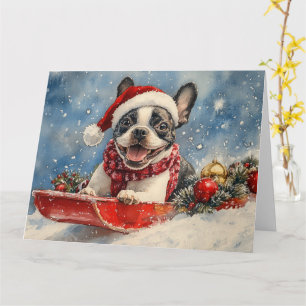 Boston Terrier Dog in Sledge Let it Snow Christmas Card