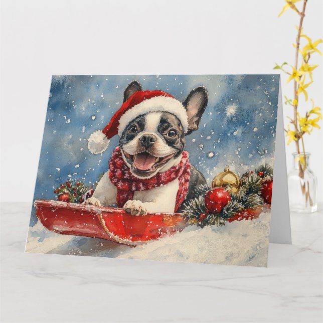 Boston Terrier Dog in Sledge Let it Snow Christmas Card (Yellow Flower)