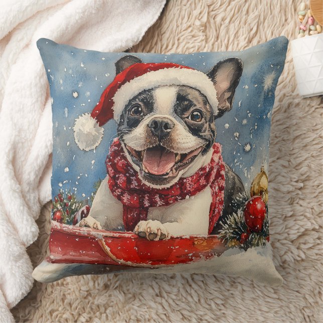 Boston Terrier Dog in Sledge Let it Snow Christmas Cushion (Blanket)