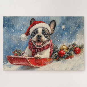 Boston Terrier Dog in Sledge Let it Snow Christmas Jigsaw Puzzle