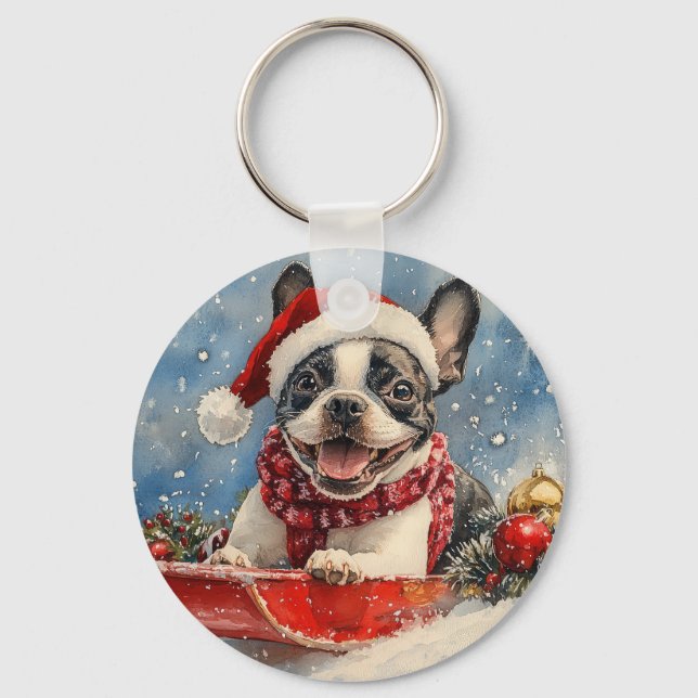Boston Terrier Dog in Sledge Let it Snow Christmas Key Ring (Front)