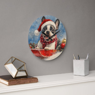 Boston Terrier Dog in Sledge Let it Snow Christmas Large Clock