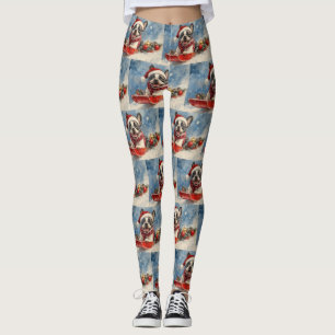 Boston Terrier Dog in Sledge Let it Snow Christmas Leggings