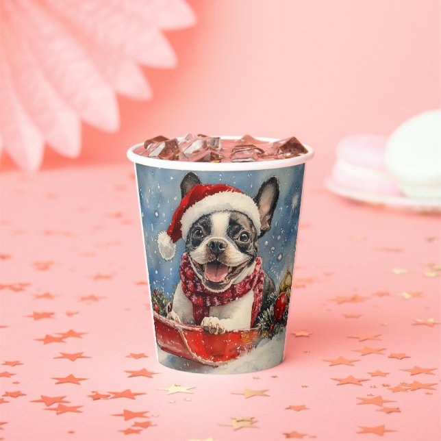 Boston Terrier Dog in Sledge Let it Snow Christmas Paper Cups (Insitu)