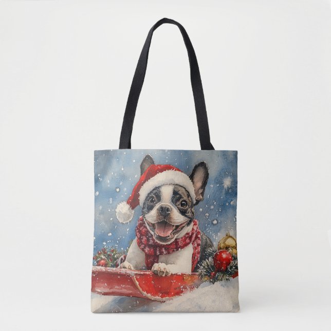 Boston Terrier Dog in Sledge Let it Snow Christmas Tote Bag (Front)