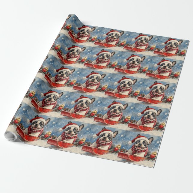 Boston Terrier Dog in Sledge Let it Snow Christmas Wrapping Paper (Unrolled)