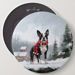 Boston Terrier Dog in Snow Christmas  6 Cm Round Badge