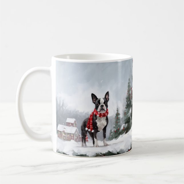 Boston Terrier Dog in Snow Christmas  Coffee Mug (Left)