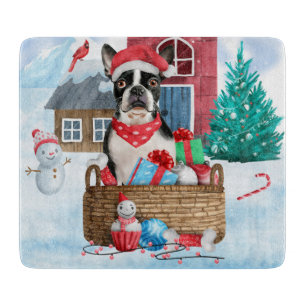 Boston Terrier Dog In snow Christmas Dog House Cutting Board
