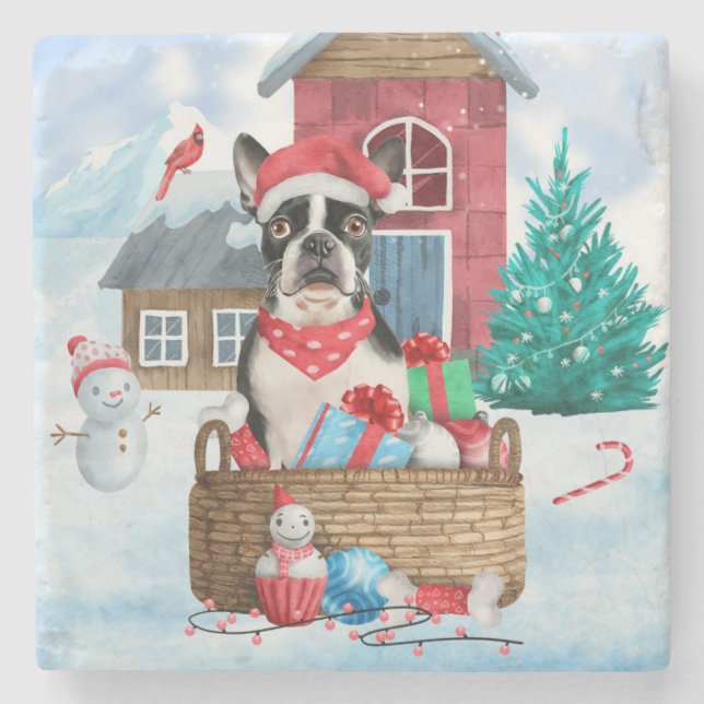 Boston Terrier Dog In snow Christmas Dog House Stone Coaster (Front)