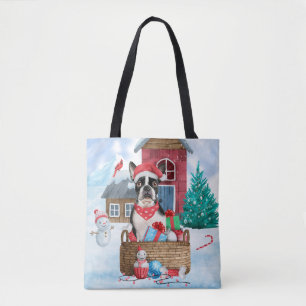 Boston Terrier Dog In snow Christmas Dog House Tote Bag