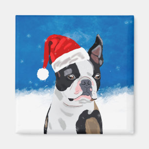 Boston Terrier Dog in Snow Christmas Happy Holiday Magnet