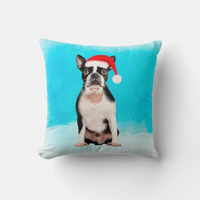 Boston Terrier Dog In Snow Christmas Holiday Cushion (Front)