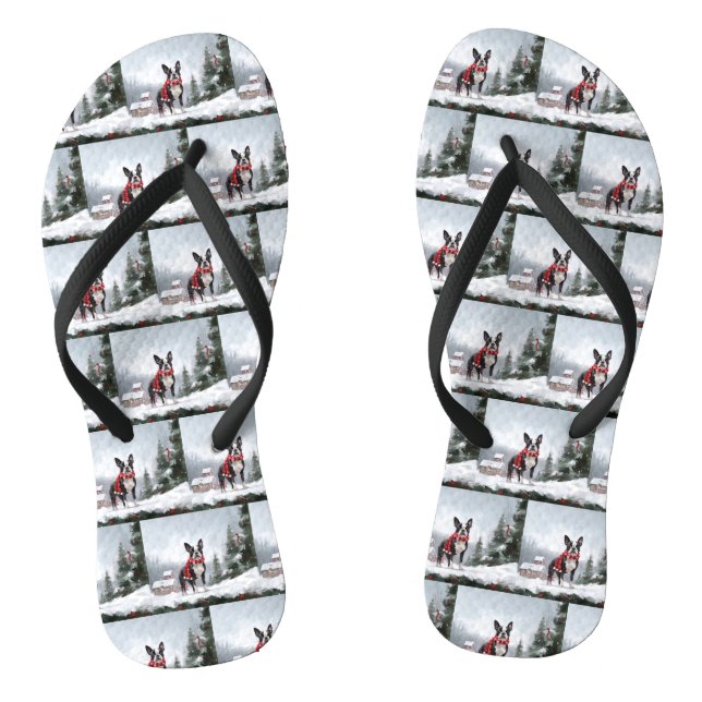 Boston Terrier Dog in Snow Christmas  Jandals (Footbed)