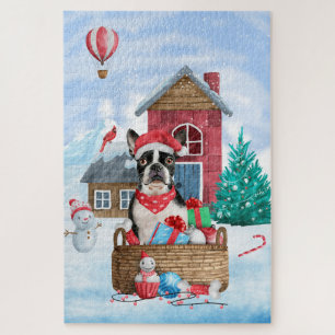 Boston Terrier Dog In snow Christmas Jigsaw Puzzle