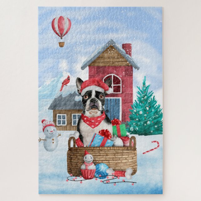 Boston Terrier Dog In snow Christmas Jigsaw Puzzle (Vertical)